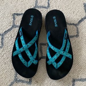 Womens Teva Sz 7 Aqua Teal Flip Flop Wedge